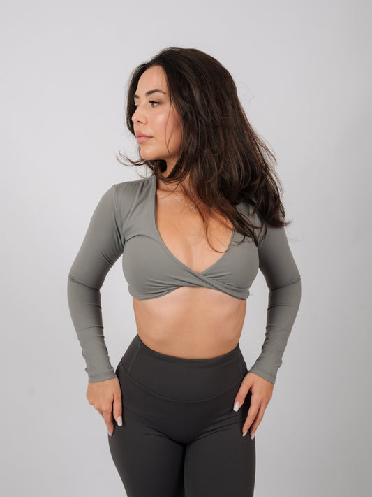 Inspire Long Sleeve Twist Crop Top | Stone Gray