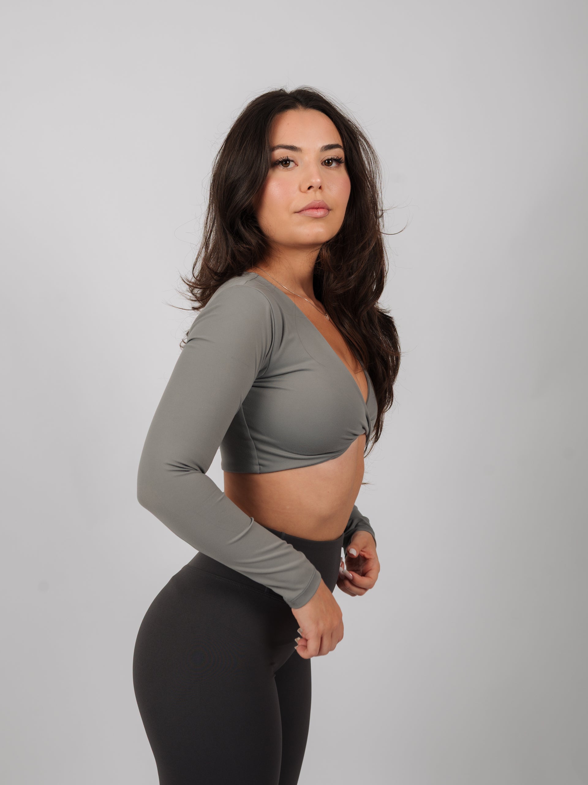 Inspire Long Sleeve Twist Crop Top | Stone Gray