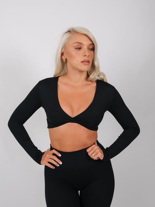 Inspire Long Sleeve Twist Crop Top | Black