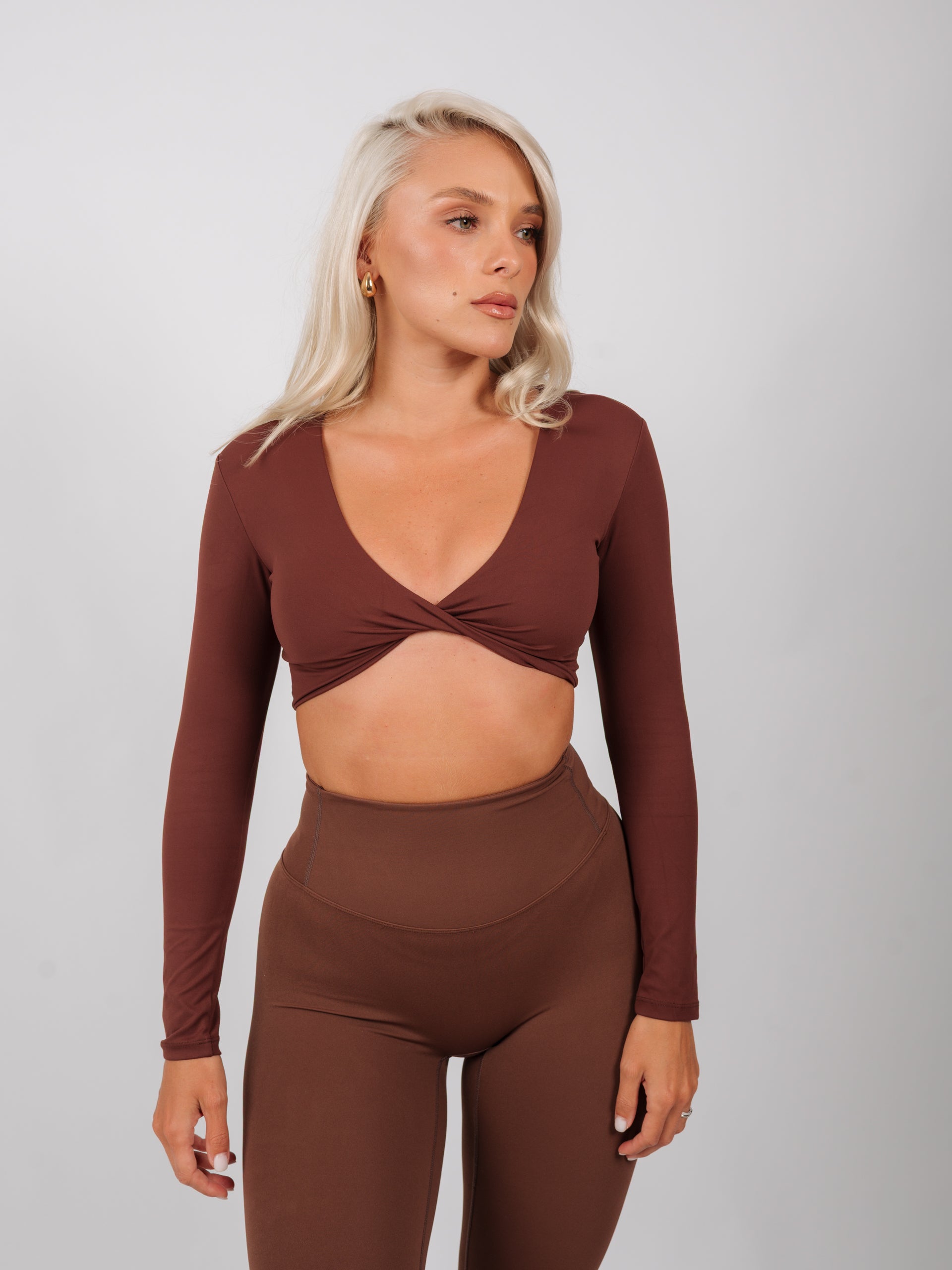 Inspire Long Sleeve Twist Crop Top | Coffee Brown
