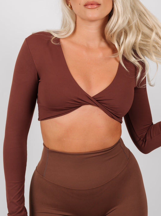 Inspire Long Sleeve Twist Crop Top | Coffee Brown